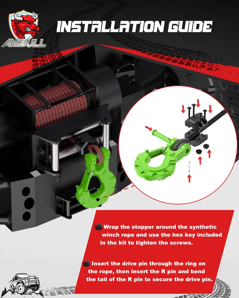 AMBULL Heavy Duty Forged Steel 3/8"" Grade 70 Safety Latch Winch Cable Hook Stopper & Clevis Slip Hook Sets  Included Allen Wrench Max 35 000 lbs  Green - Image 4